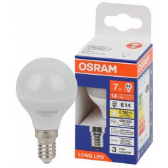 Лампа светодиодная LED 7Вт Е14 2700К 600Лм шар 220В (замена 60Вт) OSRAM Лампа светодиодная LED 7Вт Е14 2700К 600Лм шар 220В (замена 60Вт) OSRAM
