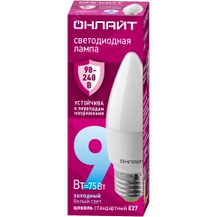 Лампа светодиодная 9вт OLL-C37-9-230-6.5K-E27-FR PRO 90-240В ОНЛАЙТ