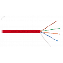 Кабель U/UTP 4 пары, Кат.5e (Класс D), тест по ISO/IEC, 100МГц, одножильный, BC (чистая медь), 24AWG (0,52мм), полимерный материал нг(А)-HF, внутренний, красный, 305м