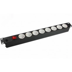 Блок розеток 220В, 8 розеток, 10 А, выключатель, 1U Блок розеток 220В, 8 розеток, 10 А, выключатель, 1U