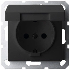 Розетка Schuko с крышкой и защитными шторками 16A 250V~ 2P+T, цвет черный матовый (soft touch) Розетка Schuko с крышкой и защитными шторками 16A 250V~ 2P+T, цвет черный матовый (soft touch)