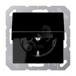 Штепсельная розетка SCHUKO одинарная, с заземлением, с крышкой, с шторками, 16A, 250В (механизм + накладка, без рамки). Серия A500 Материал- термопласт Цвет- черный Штепсельная розетка SCHUKO одинарная, с заземлением, с крышкой, с шторками, 16A, 250В (механизм + накладка, без рамки). Серия A500 Материал- термопласт Цвет- черный